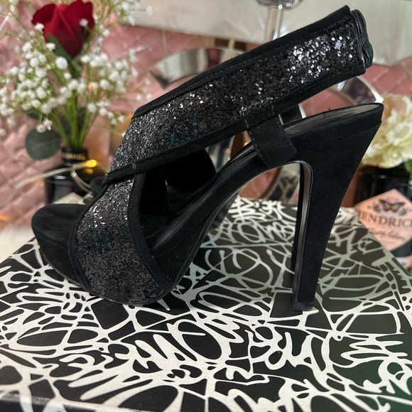 Authentic DIANE VON FURSTENBERG BLACK GLITTER AND SUEDE IRINA 5” HEELS SIZE 6.5M - Picture 12 of 14
